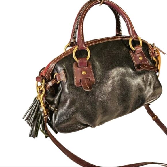 Dooney & Bourke Florentine Leather Satchel Black and Brown with Tassels Y2K - Picture 2 of 7